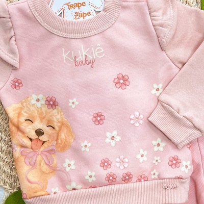 Conj. Casaco de Moletom Doguinha com Flores e Calça Legging - Rose